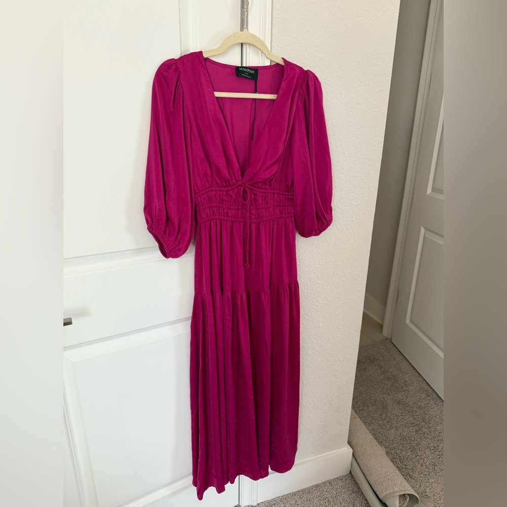 MINKPINK Fuchsia Puff Sleeve Midi Dress